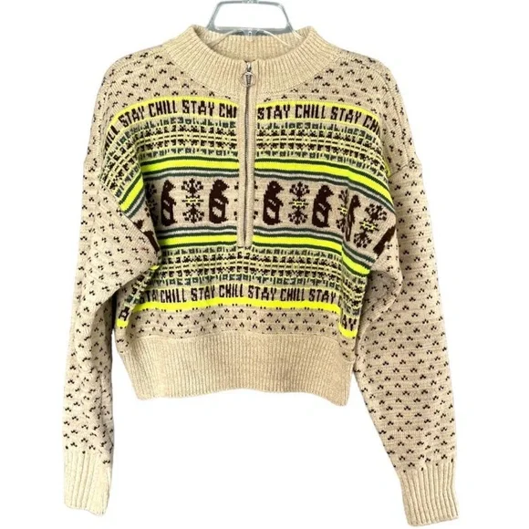 Urban Outfitters BDG Jesse Half Zip Sweater Neutral Bears‎ Stay Chill Retro XS - Picture 2 of 5